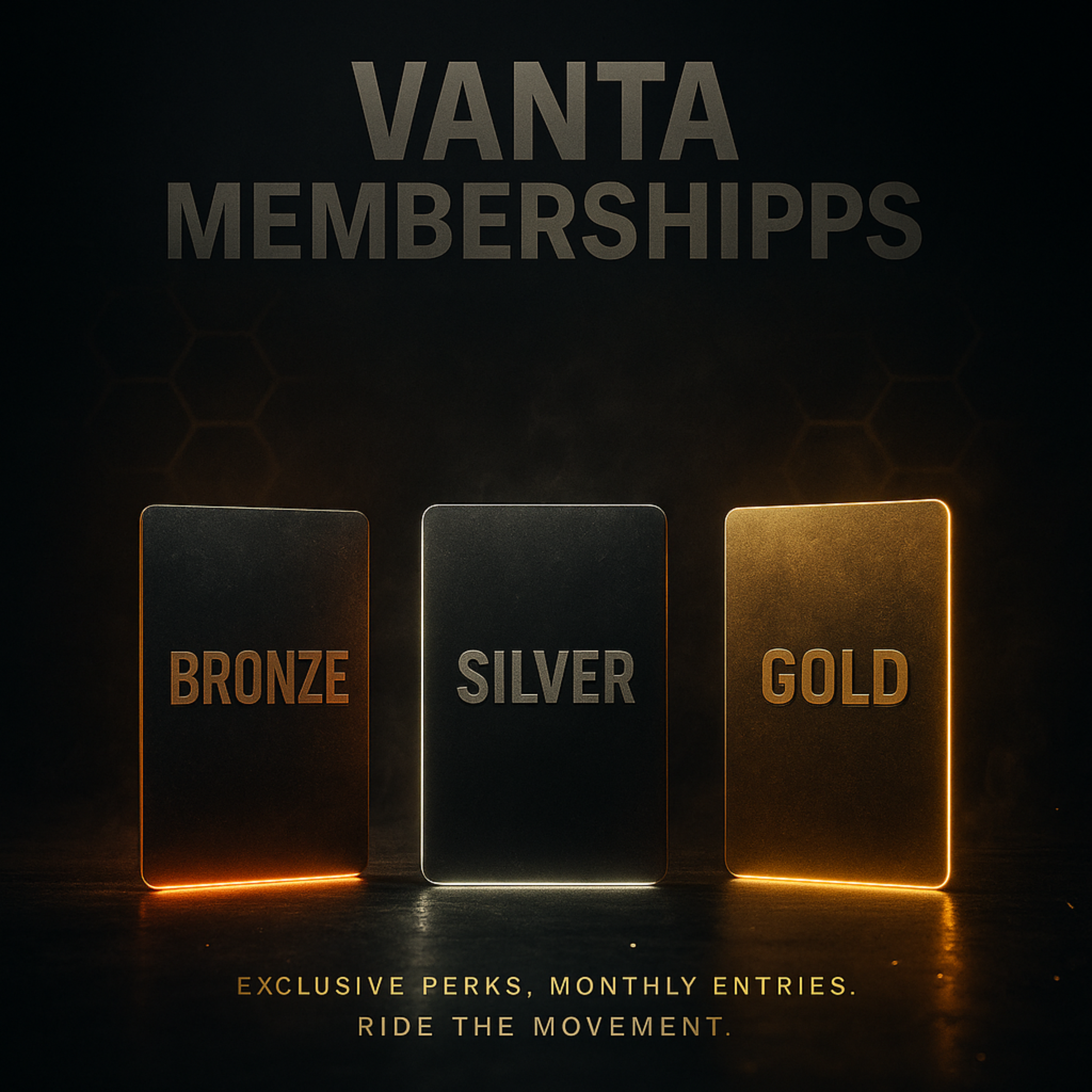 Three metallic Vanta Membership cards—Bronze, Silver, and Gold—glowing on a dark industrial background with smoke and sparks