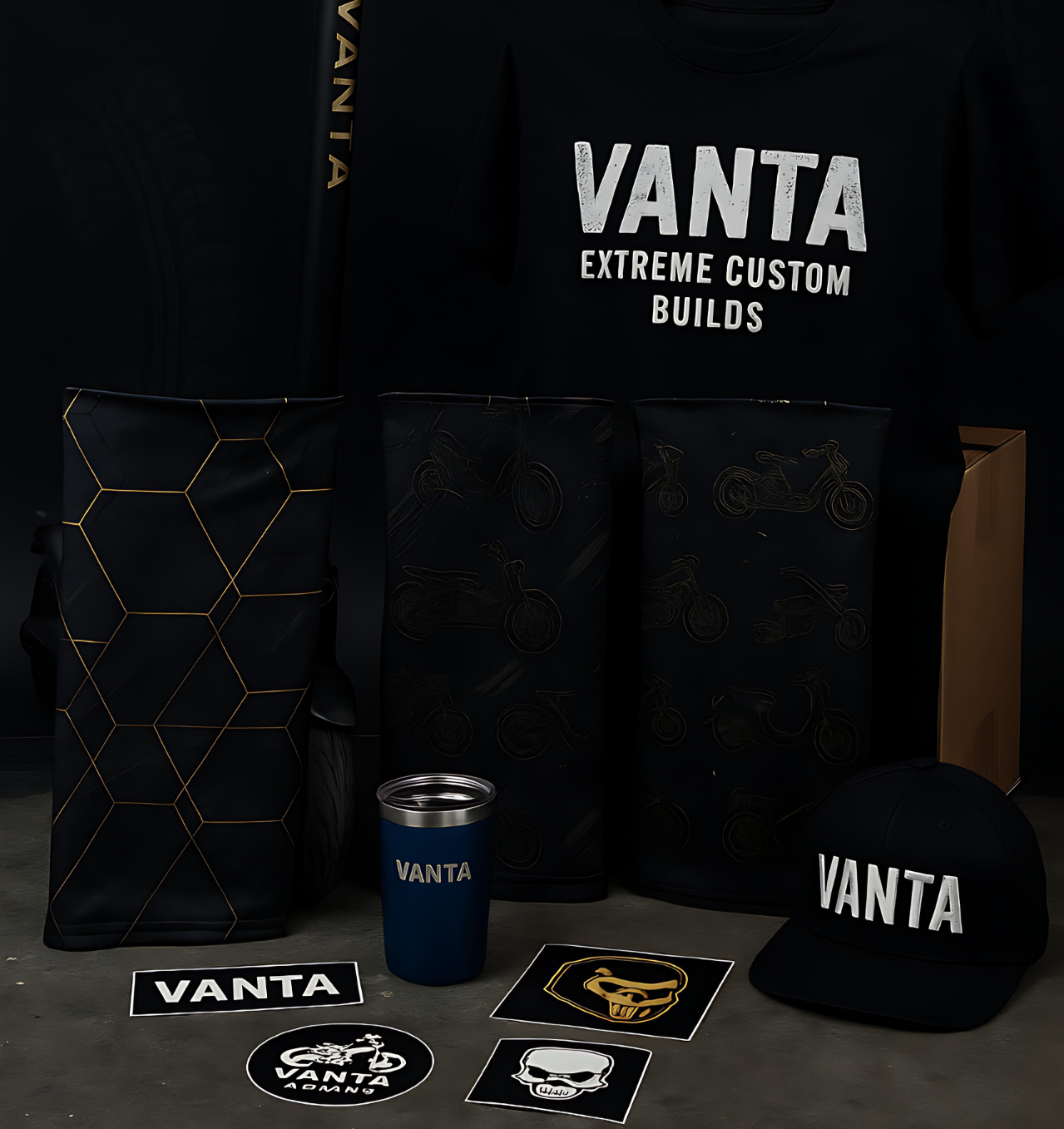 Vanta apparel and gear including shirts, hat, tumbler, and decals on dark surface.