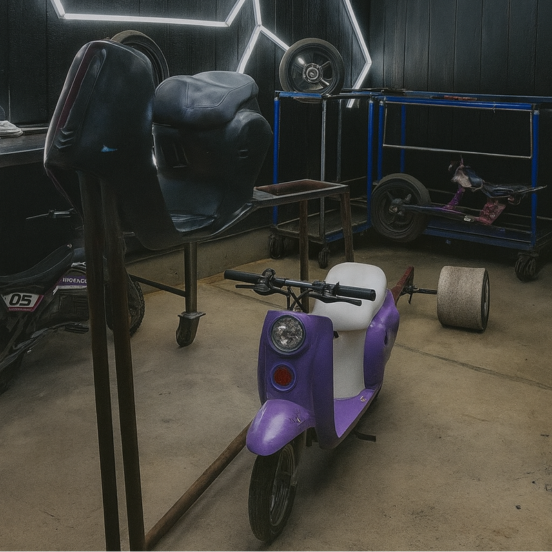 Garage with a purple scooter, car, and geometric light fixtures on the ceiling.