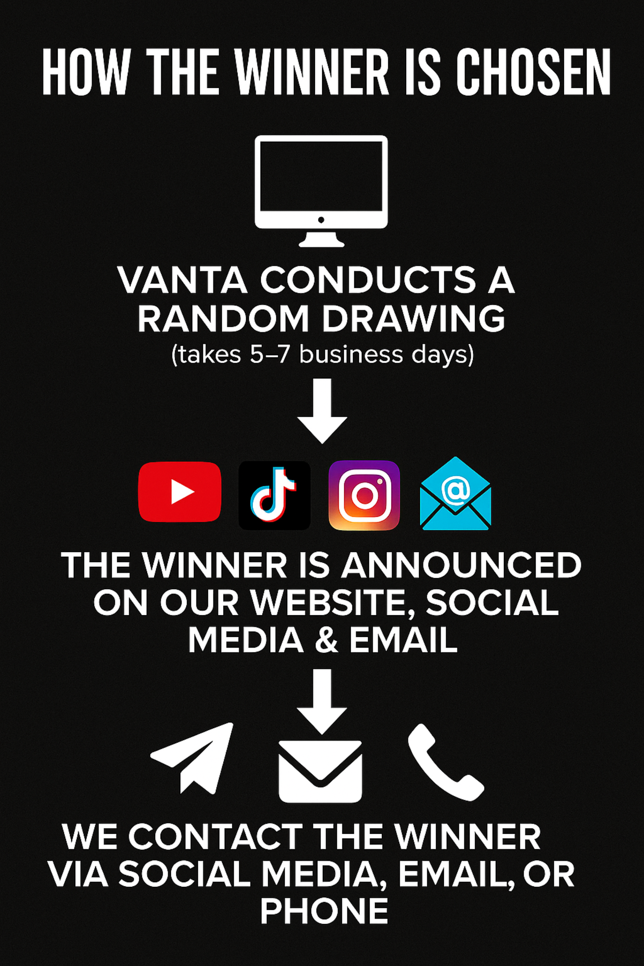 Instructions for choosing a winner with Vanta on a black background
