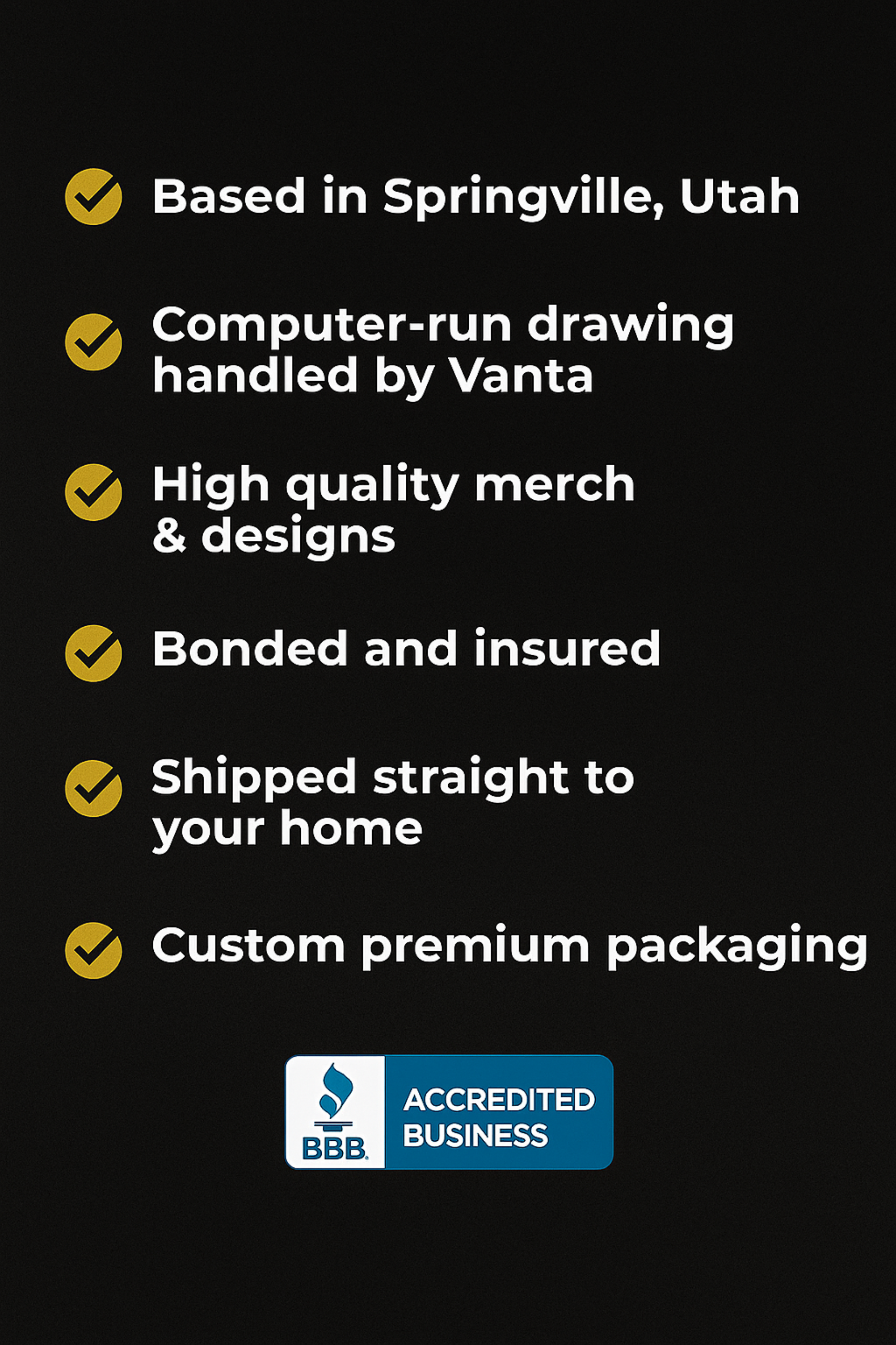 List of business features on a black background with a BBB Accredited Business logo.